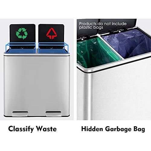  [아마존베스트]HEMBOR Dual Trash Can, 16 Gallon (2X30L) Step Rubbish Bin, Stainless Steel Double Compartment Classified Recycle Garbage Pedal Dustbin, Suit for Bathroom Kitchen Office Home, Indoo