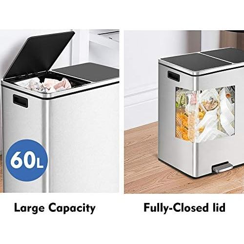  [아마존베스트]HEMBOR Dual Trash Can, 16 Gallon (2X30L) Step Rubbish Bin, Stainless Steel Double Compartment Classified Recycle Garbage Pedal Dustbin, Suit for Bathroom Kitchen Office Home, Indoo