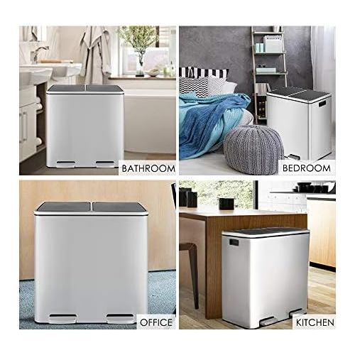  [아마존베스트]HEMBOR Dual Trash Can, 16 Gallon (2X30L) Step Rubbish Bin, Stainless Steel Double Compartment Classified Recycle Garbage Pedal Dustbin, Suit for Bathroom Kitchen Office Home, Indoo