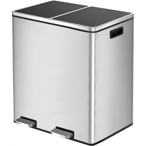  [아마존베스트]HEMBOR Dual Trash Can, 16 Gallon (2X30L) Step Rubbish Bin, Stainless Steel Double Compartment Classified Recycle Garbage Pedal Dustbin, Suit for Bathroom Kitchen Office Home, Indoo