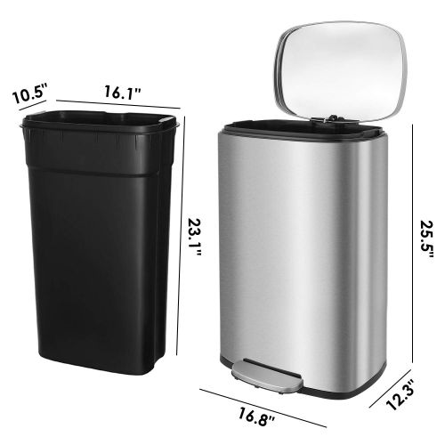  HEMBOR 13.2 Gallon(50L) Trash Can, Stainless Steel Rectangular Garbage Bin with Lid and Inner Bucket, Silent Gentle Open and Close Dustbin with Durable Pedal, Suit for Home Office