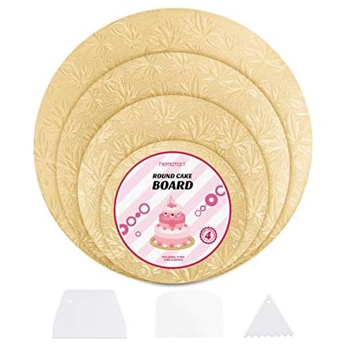 Hemoton 4Pcs Reusable Thicker Cake Cardboards with Embossed Foil Wrapping and 3 Scrapers for Cake Decoration Wedding Birthday Party 12 10 8 6 (Gold)