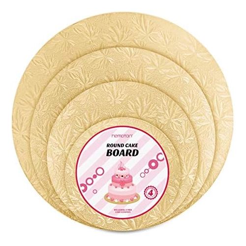  Hemoton 4Pcs Reusable Thicker Cake Cardboards with Embossed Foil Wrapping and 3 Scrapers for Cake Decoration Wedding Birthday Party 12 10 8 6 (Gold)