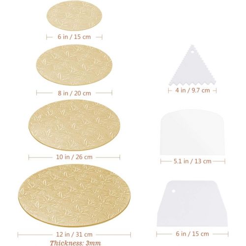  Hemoton 4Pcs Reusable Thicker Cake Cardboards with Embossed Foil Wrapping and 3 Scrapers for Cake Decoration Wedding Birthday Party 12 10 8 6 (Gold)