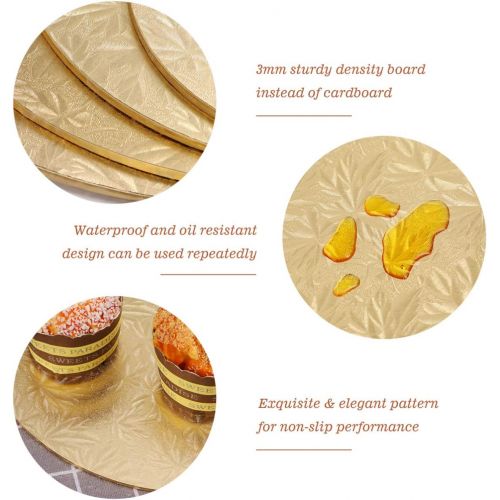  Hemoton 4Pcs Reusable Thicker Cake Cardboards with Embossed Foil Wrapping and 3 Scrapers for Cake Decoration Wedding Birthday Party 12 10 8 6 (Gold)