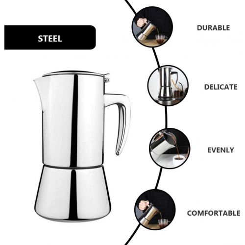  HEMOTON Stovetop Espresso Maker Stainless Steel 200ml Moka Pot Coffee Maker Electric Espresso Machine Pot for Home and Office Silver