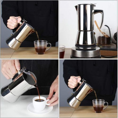  HEMOTON Stainless Steel Coffee Maker 200ml Espresso Maker Moka Pot Coffee Kettle Tea Pot for Kitchen Home Office Silver