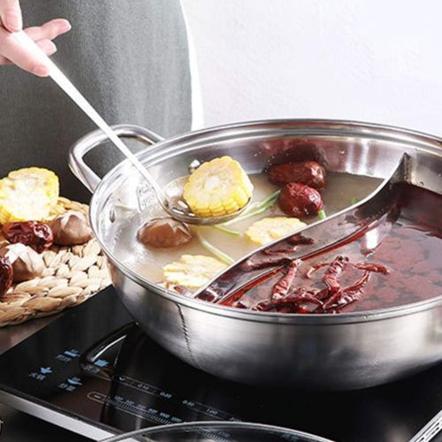  [아마존베스트]Hemoton Shabby Stainless Steel Hot Pot with Divider and Lid Soup Pot Cookware for Induction Hob Gas Stove 28 cm