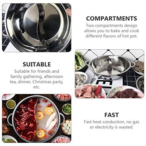  [아마존베스트]Hemoton Shabu Shabby Pot with Divider 30 cm Stainless Steel Hot Pot Yuanyang Hot Pot for Electric Induction Hob Gas Hob