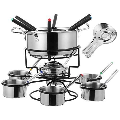  HEMOTON Stainless Steel Cheese Boiler Set Portable A-lcohol Stove Fondue Melting Pot Forks Spoons Bowls Shelf Kit for Kitchen Chocolate Candy DIY Wax Candle Butter Making