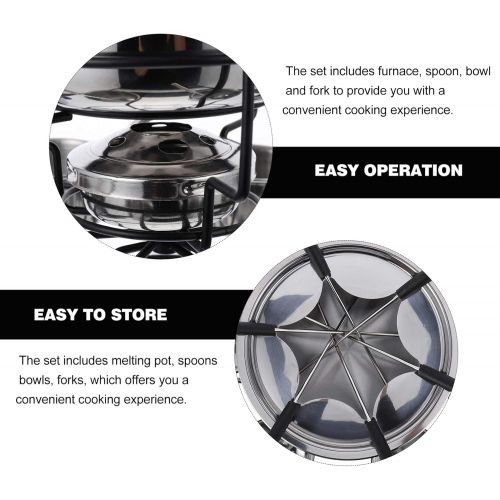  HEMOTON Stainless Steel Cheese Boiler Set Portable A-lcohol Stove Fondue Melting Pot Forks Spoons Bowls Shelf Kit for Kitchen Chocolate Candy DIY Wax Candle Butter Making