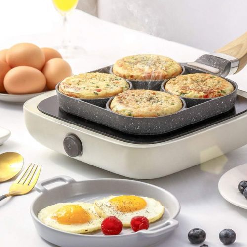  HEMOTON Egg Frying Pan 4 Cup Non Stick Aluminium Swedish Pancake Pan Burger Omelet Cooker Griddle Meal Skillet with Wood Handle for Gas Stove