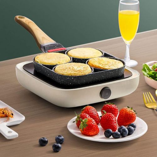  HEMOTON Egg Frying Pan 4 Cup Non Stick Aluminium Swedish Pancake Pan Burger Omelet Cooker Griddle Meal Skillet with Wood Handle for Gas Stove