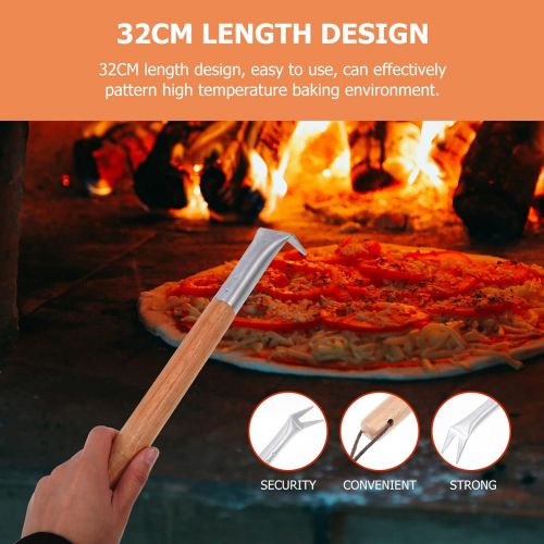  Hemoton Pizza Spinner Turning Fork with Wooden Handle and Strap Ash Rake Tool for Outdoor Fireplace Wood Stove BBQPizza Oven Accessories