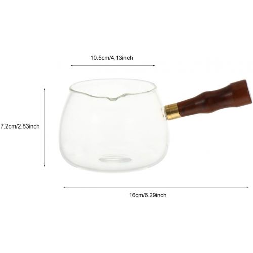  HEMOTON Glass Teapot Stovetop Milk Pan Clear Butter Warmer with Wood Handle Coffee Making Bowl Spouted Pan Office Boil Tea Service 350ml