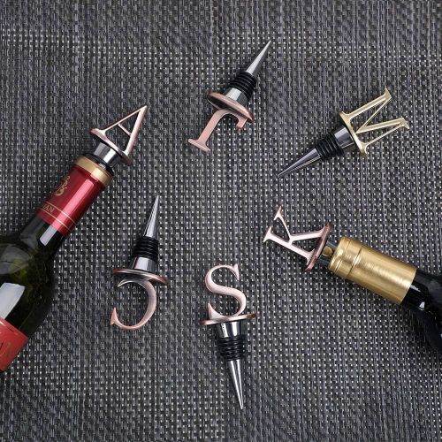  [아마존베스트]FORENA Wine Stoppers - Stainless Steel Letters Wine Stopper, Silicone Reusable Wine and Beverage Bottle Stopper, used for Bar, Kitchen, Holiday Party, Wedding Keep Wine Fresh (A)