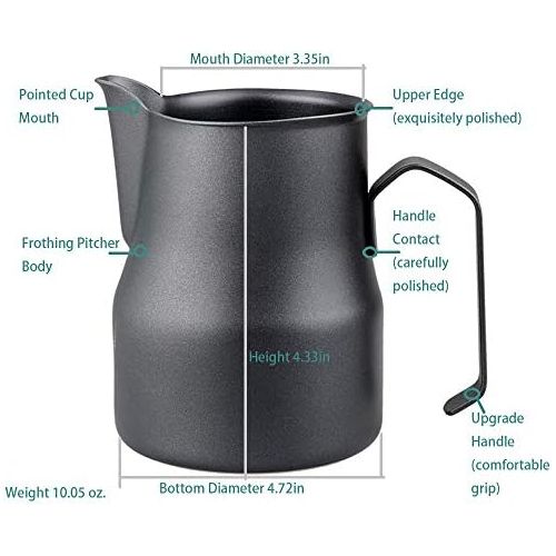  HENGRUI Frothing Pitcher Lengthen Mouth Handheld Milk Frothing Pitcher, 18/10 Stainless Steel 20oz/600ml Streamlined Milk Steaming Frothing Pitcher Body Suitable for Coffee, Latte Art And