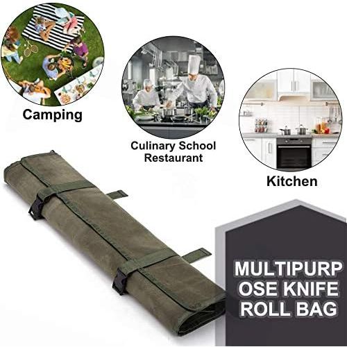  HERSENT Chef’s Knife Roll Bag, Waxed Canvas Knife Cultery Carrier, Portable Chef Knife Cases, Knife Pouch Holders With 10 Slots Plus 1 Zipper Pockets Can Hold Home Kitchen Knife Tools Up T