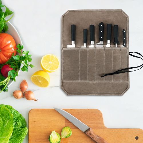  HERSENT Knife Roll, Chef’s Knife Roll Case, Waxed Canvas Cutlery Knives Holders Protectors, Home Kitchen Cooking Tools And Utensils Wrap Bag Wallet , Multi-Purpose Brush Roll Bag, Travel T