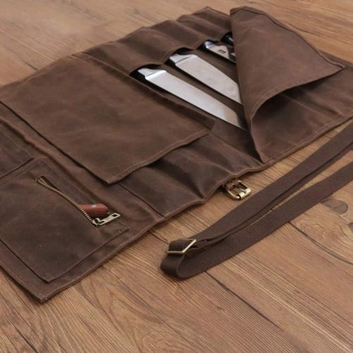  HERSENT Large Chef’s Knife Roll Bag, Heavy Duty Waxed Canvas Knife Carrier, 11 Pockets Kitchen Cooking Tools Storage Case, Easily Carried By Shoulder Strap ForProfessional Chefs, Culinary