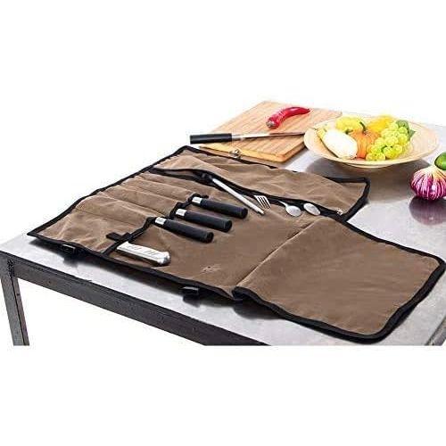  HERSENT Chef’s Knife Roll, 5 Pockets Knife Bag,Waxed Canvas Roll Up Culinary Bag,Professional Cutlery Storage Case, Portable Knife Tool Roll Bag, Multi-Purpose Knife Cover For Cooking, Cam