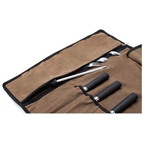  HERSENT Chef’s Knife Roll, 5 Pockets Knife Bag,Waxed Canvas Roll Up Culinary Bag,Professional Cutlery Storage Case, Portable Knife Tool Roll Bag, Multi-Purpose Knife Cover For Cooking, Cam