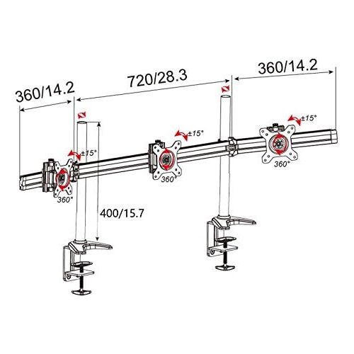  [아마존베스트]HFTEK 3-way monitor arm - desk mount for 3 screens from 15 - 27 inches with VESA 75 / 100 (MP230C-N)