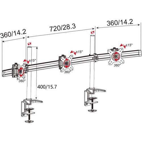  [아마존베스트]HFTEK 3-way monitor arm - desk mount for 3 screens from 15 - 27 inches with VESA 75 / 100 (MP230C-N)