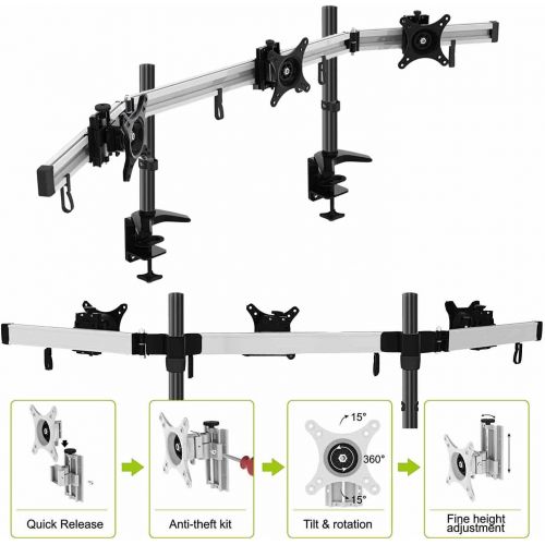  [아마존베스트]HFTEK 3-way monitor arm - desk mount for 3 screens from 15 - 27 inches with VESA 75 / 100 (MP230C-N)