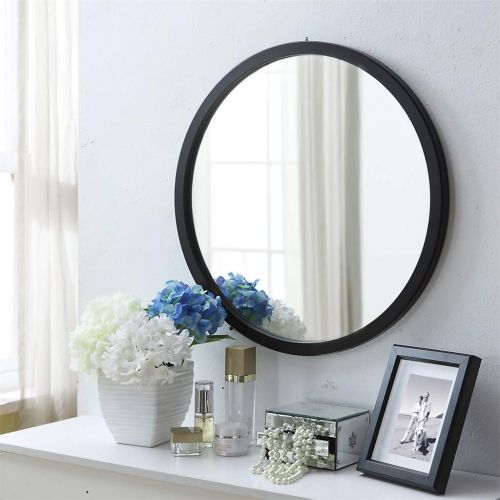  HGNA-Mirrors Wood Framed Round Wall Mirror Silver Backed Floating Glass Panel Cosmetic Circular Vanity Mirror for Bathroom, Living Room, Bedroom