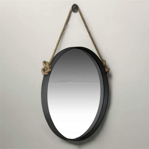  HGNA-Mirrors Retro Metal Wall Hanging Mirror with Hemp Rope Round Decorative Bathroom Mirrors Creative Makeup Shaving Iron Mirrors Large (Color : Black, Size : 80cm)