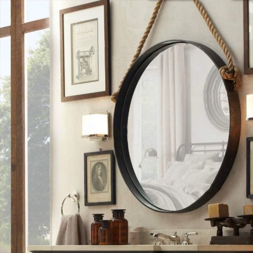  HGNA-Mirrors Retro Metal Wall Hanging Mirror with Hemp Rope Round Decorative Bathroom Mirrors Creative Makeup Shaving Iron Mirrors Large (Color : Black, Size : 80cm)