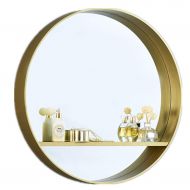 HGNA-Mirrors Bathroom Round Edge Wall Mounted Mirror with Cosmetics Shelf - 60cm(23.6) Retro Industrial Mirror - Gold Wood Frame - Perfect Housewarming Gift Idea!