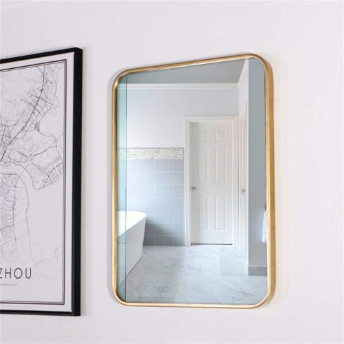  HGNA-Mirrors Contemporary Nordic Metal Wall Mirror for Bathroom Living Room | Glass Panel Gold Framed Rounded Corner Design | Mirrored Rectangle Hangs Horizontal or Vertical