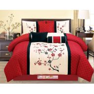 HGS 7-Pc Quilted Peach Plum Blossom Tree Embroidery Comforter Set Red Off-White Black Queen