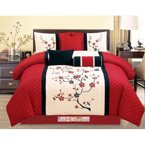 HGS 7-Pc Quilted Peach Plum Blossom Tree Embroidery Comforter Set Red Off-White Black Queen