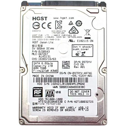  HGST 1TB HDD 7.2K RPM 2.5 6Gb/s SATA Hard Disk Drive Model: HTS721010A9E630 DP/N: 97DYV