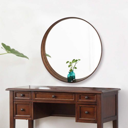  HGXC Wall-Mounted Mirror Nordic Bathroom Waterproof Round Vanity Mirror 4 Colors 3 Size Mirror (Color : Walnut Color, Size : 60cm)