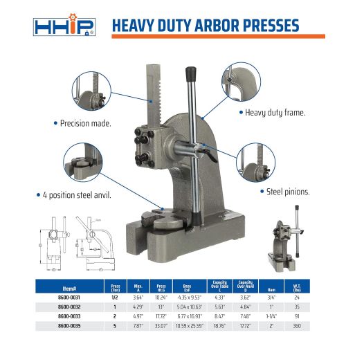  [아마존베스트]HHIP 8600-0031 Heavy Duty Arbor Press, .5 Ton Capacity, 10 Height (Pack of 1)