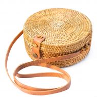 HHMAI Handwoven Round Rattan Bag With Shoulder Leather Straps for Women