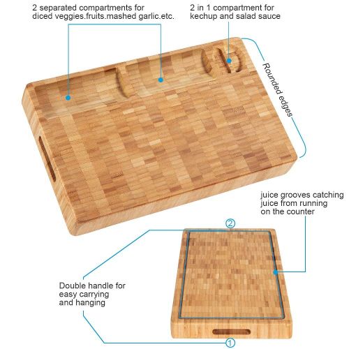  HHXRISE Extra 1.2 Thick and Large Organic Bamboo Cutting Board For Kitchen, With 3 Built-In Compartments And Juice Grooves, Heavy Duty Chopping Board For Meats Bread Fruits, Butche