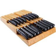 HHXRISE Knife Drawer Organizer, Bamboo In-Drawer Knife Block Holds 16 Knives (Not Included) + Knife Sharpener Slot, Detachable Washable Knife Holder for Kitchen Knives Storage, Knife Organizer Insert