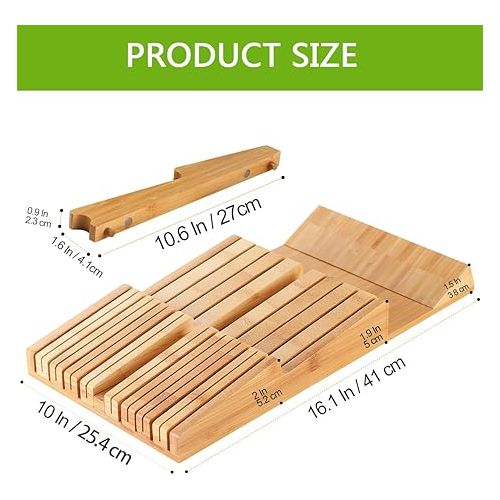  HHXRISE Knife Drawer Organizer, Bamboo In-Drawer Knife Block Holds 16 Knives (Not Included) + Knife Sharpener Slot, Detachable Washable Knife Holder for Kitchen Knives Storage, Knife Organizer Insert