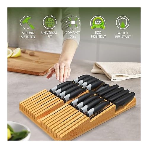  HHXRISE Knife Drawer Organizer, Bamboo In-Drawer Knife Block Holds 16 Knives (Not Included) + Knife Sharpener Slot, Detachable Washable Knife Holder for Kitchen Knives Storage, Knife Organizer Insert