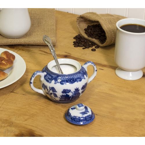  HIC Harold Import Co. YK-329 HIC Blue Willow Creamer Dispenser and Sugar Bowl with Lid, Fine White Porcelain, 3 Piece Set