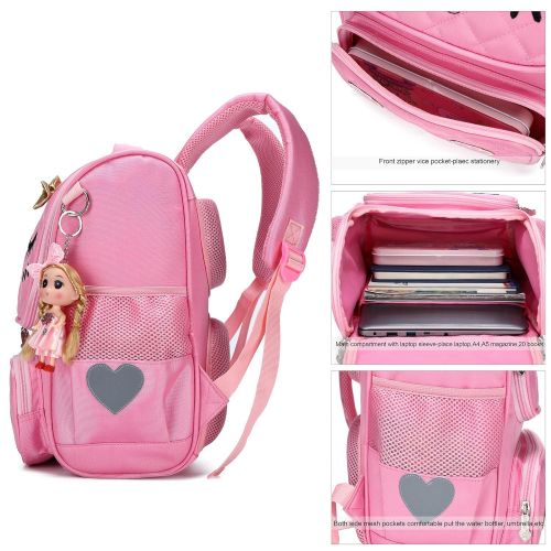  HIDDS Cute Backpacks for Girls Primary Elementary School Animal Cat Face Kids Bookbags (Pink-Small)