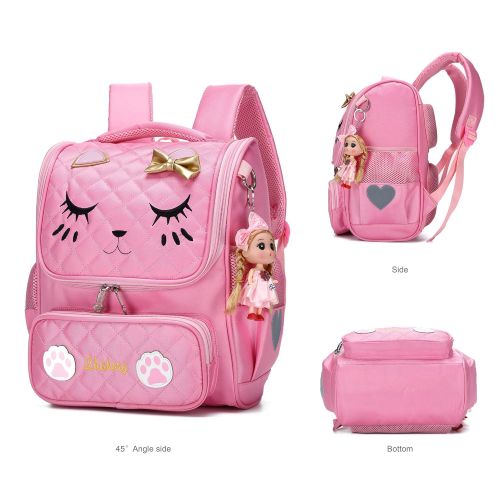  HIDDS Cute Backpacks for Girls Primary Elementary School Animal Cat Face Kids Bookbags (Pink-Small)