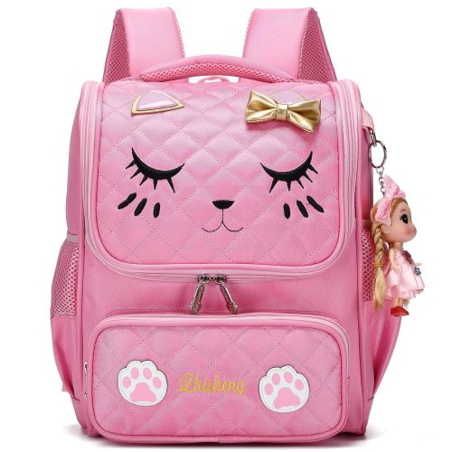  HIDDS Cute Backpacks for Girls Primary Elementary School Animal Cat Face Kids Bookbags (Pink-Small)