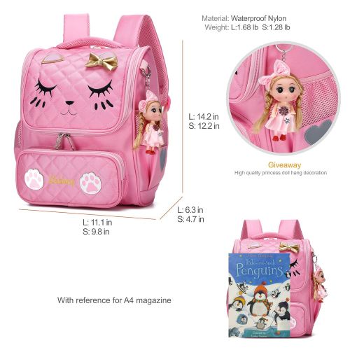  HIDDS Cute Backpacks for Girls Primary Elementary School Animal Cat Face Kids Bookbags (Pink-Small)