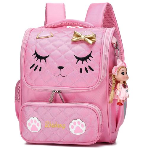  HIDDS Cute Backpacks for Girls Primary Elementary School Animal Cat Face Kids Bookbags (Pink-Small)